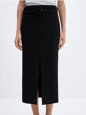 Mango Black Belted Midi Skirt with Front Slit
